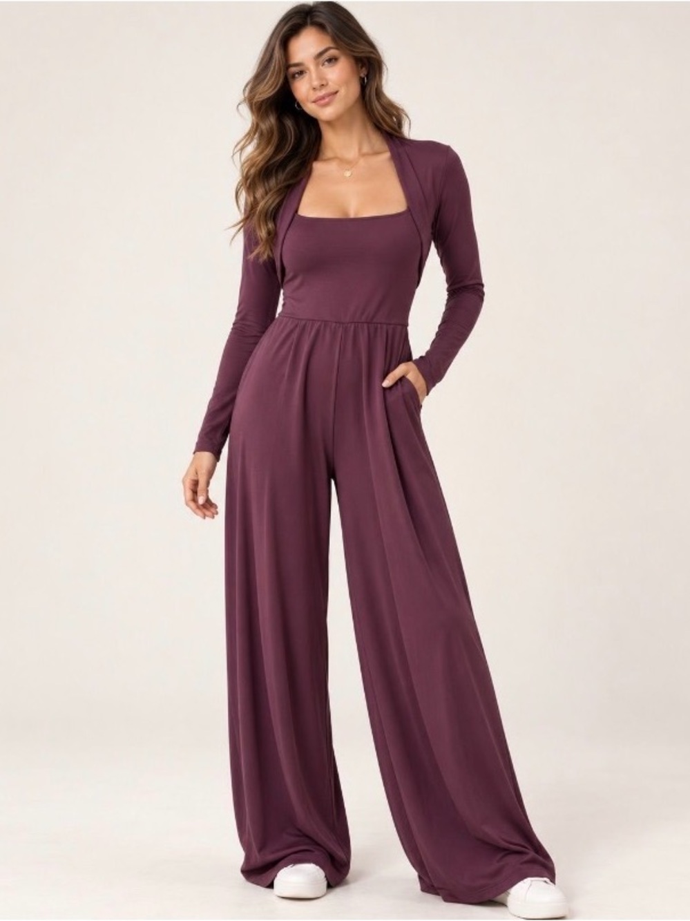 Halara NWT Women's Long Sleeve Wide-Leg Jumpsuit - Plum